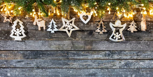Dekorative Weihnachtliche Rustikale Hintergrund Mit Glühbirnen Auf Holzplanken Feier Und — Stockfoto