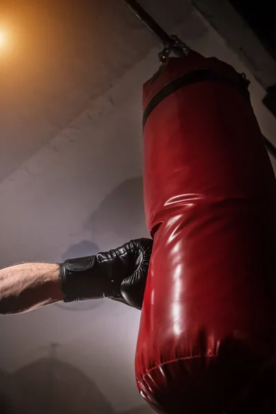 Detail Man Arm Hitting Punching Bag Training Lesson Dark Industrial — Stock Photo, Image
