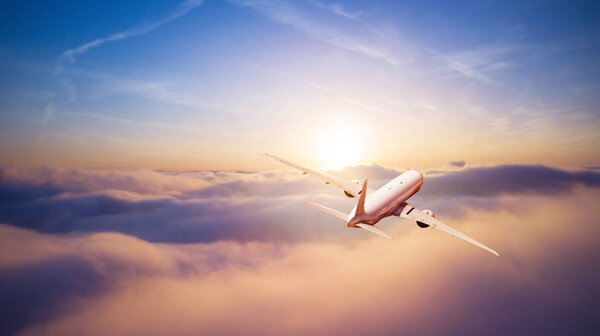 Passengers commercial airplane flying above clouds in sunset light. Concept of fast travel, holidays and business.