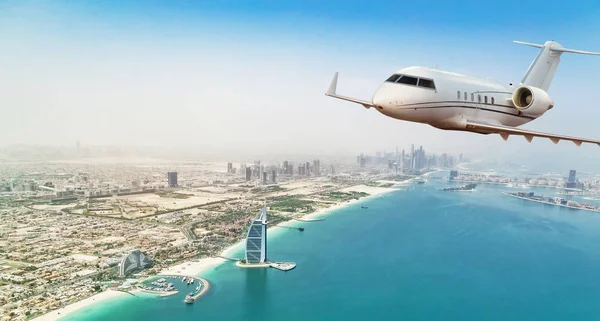 Private Jet Plane Flying Dubai City Beautiful Sunset Light Modern — Stock Photo, Image