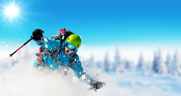 Young Man Skiing Piste Winter Sport Recreation Alpen Mountain — Stock Photo, Image