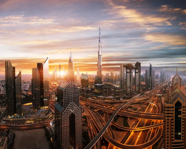 Dubai Atardecer Vista Panorámica Del Centro Dubai Ciudad Súper Moderna — Foto de Stock