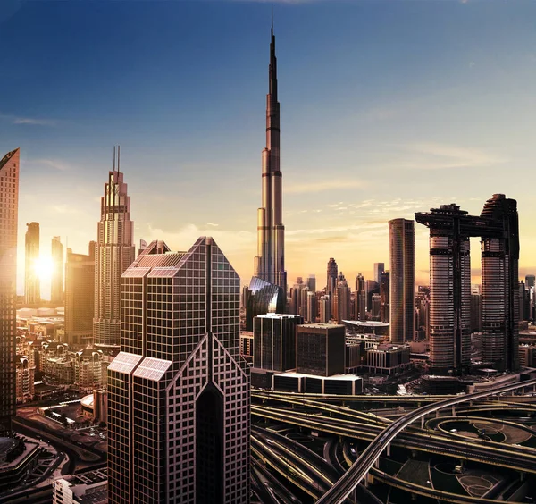 Dubai Sunset Vista Panorâmica Centro Cidade Dubai Super Moderna Cidade — Fotografia de Stock