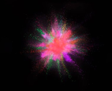 Siyah arka planda izole edilmiş renkli toz patlaması. Soyut renkli arkaplan