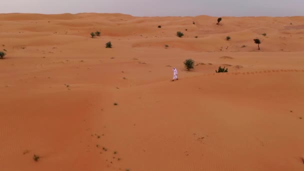 Luftaufnahmen Eines Traditionell Gekleideten Arabischen Mannes Der Wüstensanddünen Wandelt — Stockvideo