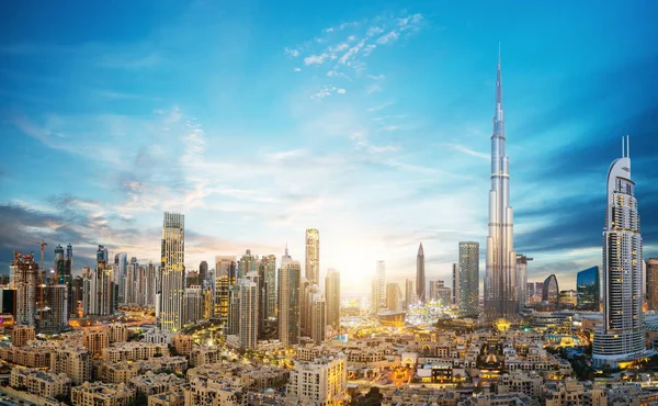 Dubai Naplemente Panorámás Kilátás Nyílik Belvárosra Szuper Modern Város Egyesült — Stock Fotó