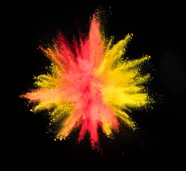 Mehrfarbige Pulverexplosion Isoliert Auf Schwarzem Hintergrund Bewegung Des Abstrakten Staubs — Stockfoto