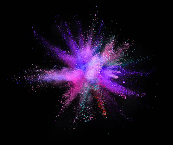 Explosão Multi Colorido Isolado Fundo Preto Congelar Movimento Textura Poeira — Fotografia de Stock