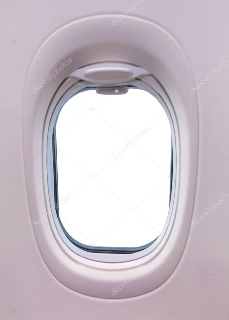 Blank airplane window with free space for text. Passenger commercial airplane interior, transportation and travel concept