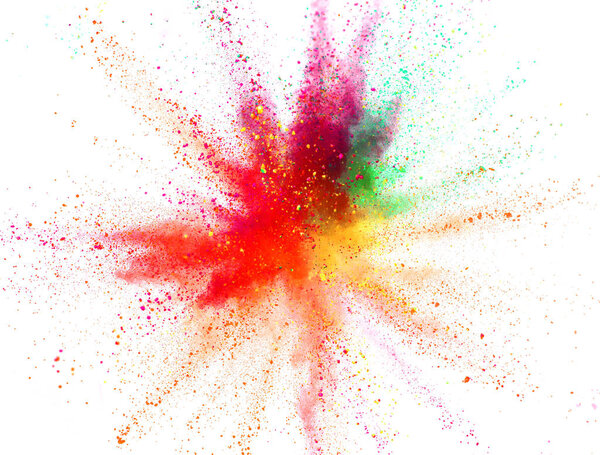 Multi colored powder explosion isolated on white background. Freeze motion of abstract dust texture.