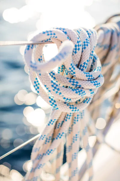 Detail Mooring Rope Placed Sailing Boat Yacht Desk Leasure Activities — Stock Photo, Image