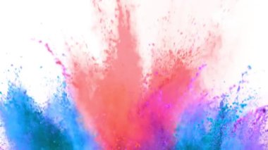 Beyaz arka planda izole edilmiş çok yavaş renkli barut patlaması. Yüksek hızlı sinema kamerası, 1000fps.