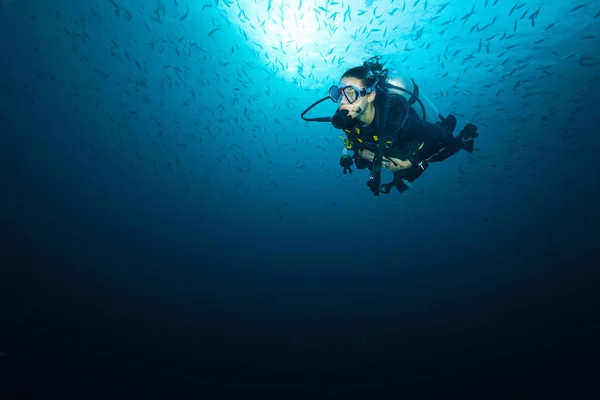 Jonge Vrouw Scuba Diver Koraal Rif Verkennen Onderwater Sport Ontspanning — Stockfoto