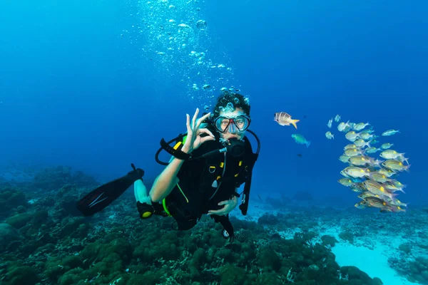 Young woman scuba diver showing OK gesture. Underwater sport and leasure activities.