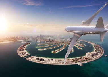Dubai kent üzerinde uçan ticari jet uçağı.