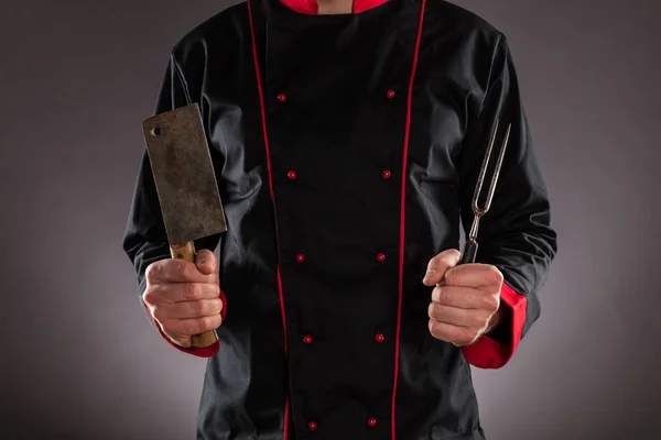 Primo piano della mannaia e della forchetta del maestro chef . — Foto Stock