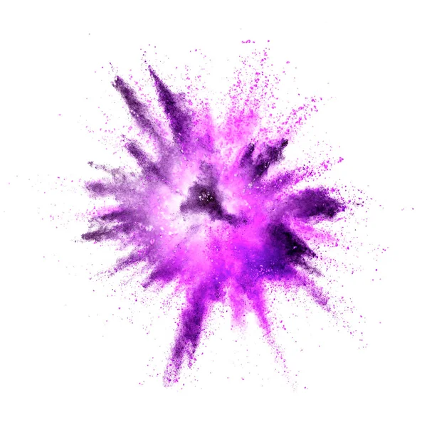 Explosie van paarse poeder op witte achtergrond — Stockfoto