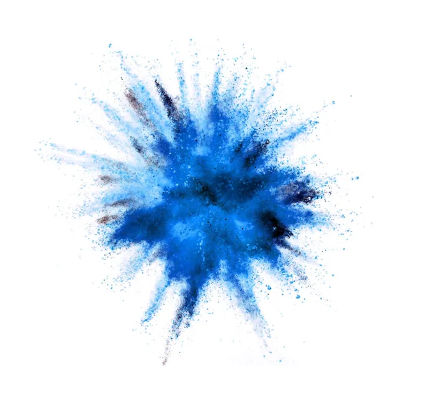Explosie van blauw poeder op witte achtergrond — Stockfoto