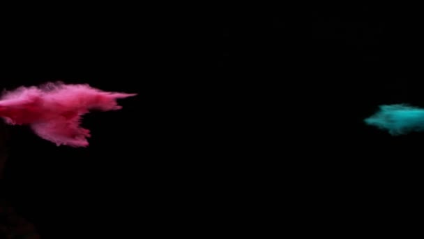 Сверхмедленное Движение Цветного Порошка Столкновения Изолированы Черном Фоне Съемки Камеру — стоковое видео