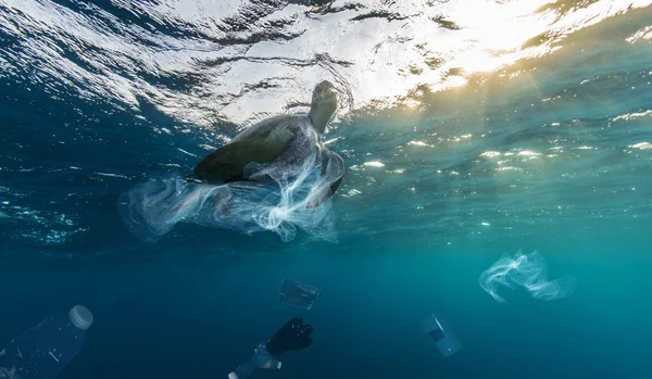 Problema global submarino con la basura plástica — Foto de Stock