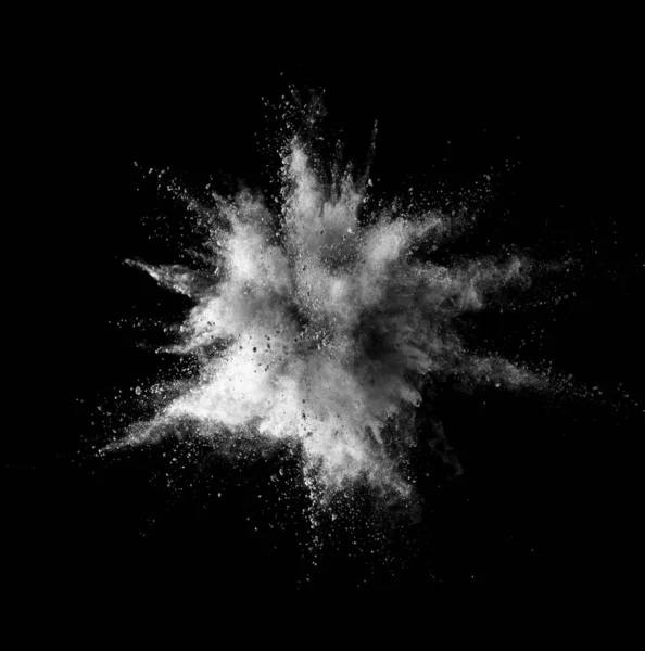 Explosie van wit poeder op zwarte achtergrond — Stockfoto