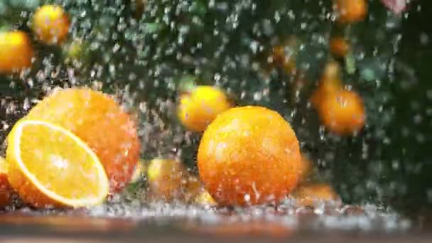 Super Slow Motion Halvera Orange Kniv Cut Filmade Hög Hastighet — Stockvideo
