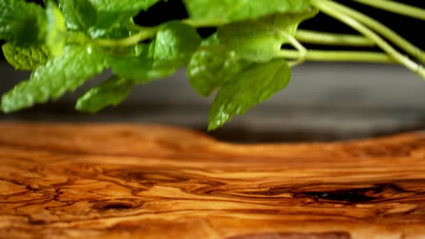 Super Slow Motion Falling Mint Cutting Board — Stock Video