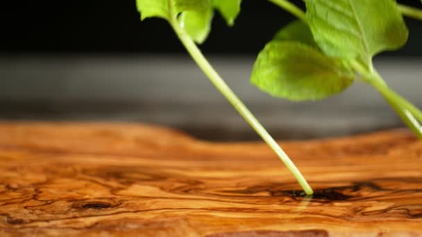 Super Slow Motion Della Menta Cadente Sul Tagliere — Video Stock