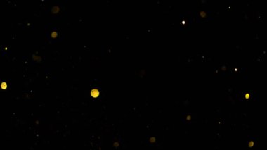 Siyah zemin üzerinde ışıldayan altın parçacıkların süper yavaş çekimi. Sığ odak derinliği. Yüksek hızlı sinema kamerası, 1000 fps..