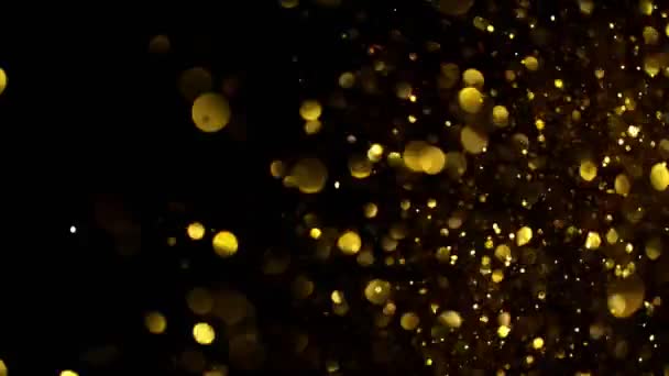 Σούπερ Αργή Κίνηση Λαμπερά Χρυσά Σωματίδια Μαύρο Φόντο Χαμηλό Βάθος — Αρχείο Βίντεο