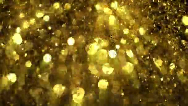 Σούπερ Αργή Κίνηση Λαμπερά Χρυσά Σωματίδια Μαύρο Φόντο Χαμηλό Βάθος — Αρχείο Βίντεο