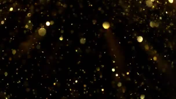 Super Slow Motion Glittrande Gyllene Partiklar Svart Bakgrund Grunt Djup — Stockvideo