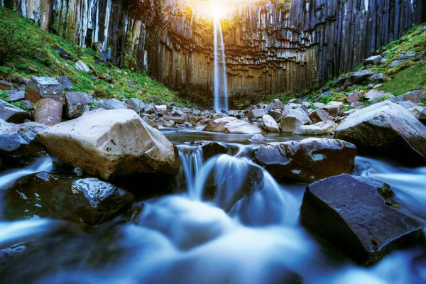 Svartifoss vodopád s čedičových sloupky, Island — Stock fotografie