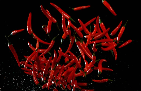 Peperoncini rossi piccanti in movimento congelato — Foto Stock