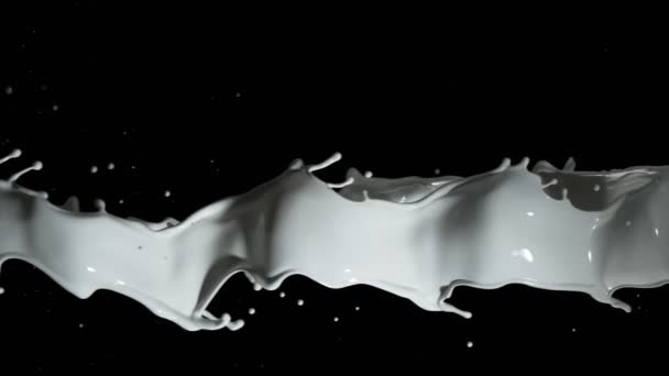 Siyah Arka Plan Üzerinde Dönen Iki Süt Sıçramaları Süper Yavaş — Stok video