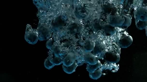Super Slow Motion Falling Blueberries Water Filmed Cinema Slow Motion — Stock Video