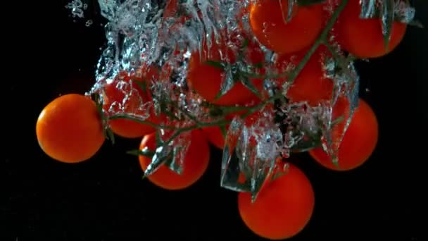 Movimento Super Lento Queda Tomates Água Filmado Câmera Cinema Alta — Vídeo de Stock