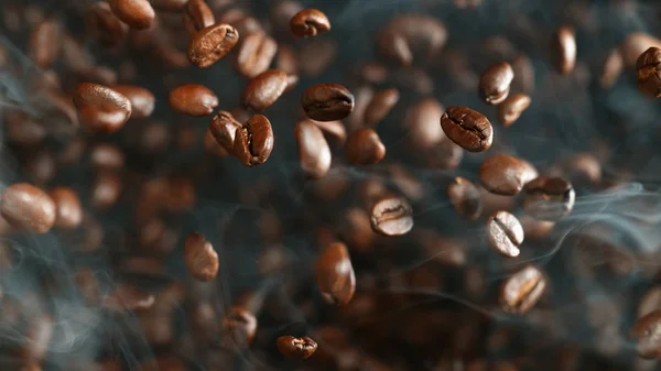 Havada uçan kahve çekirdekleri, makro fotoğraf — Stok fotoğraf