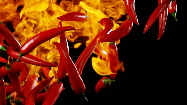 Peperoncini piccanti rossi volanti con fiamme — Foto Stock