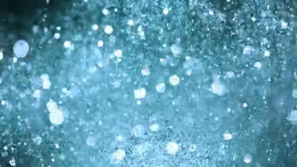 Super Slow Motion Glittering Blue Particles Black Background Shallow Depth — Stock Video