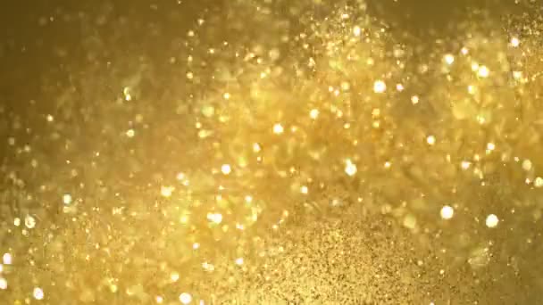 Movimento Super Lento Partículas Douradas Brilhantes Sobre Fundo Preto Profundidade — Vídeo de Stock
