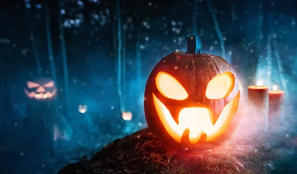 Assustador halloween abóboras na floresta — Fotografia de Stock
