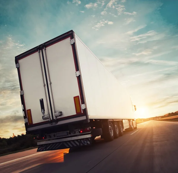 Backview of european truck vehicle on motorway — Stock Photo, Image