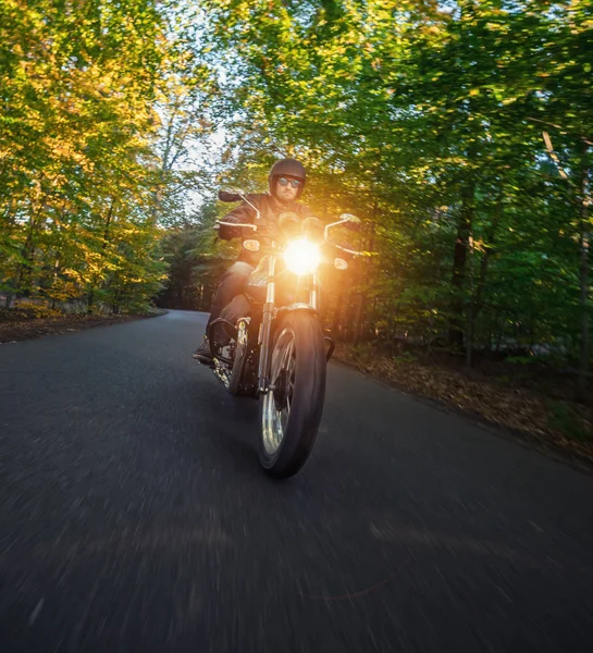 Motociclista a cavallo nel paesaggio forestale — Foto Stock