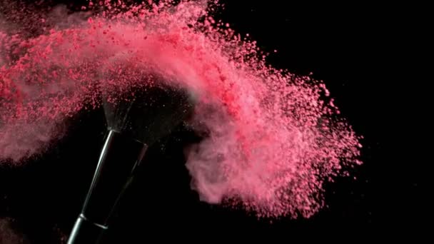Super Slow Motion Makeup Brush Falling Pink Powder Black Background — Stock Video