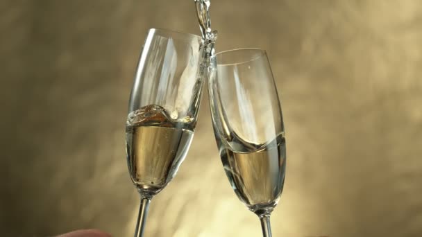 Super Slow Motion Having Toast Two Champagne Glasses Speed Ramping — Stock Video