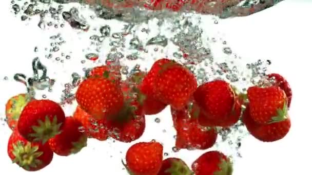 Super Slow Motion Fragole Che Cadono Isolate Fondo Bianco Con — Video Stock