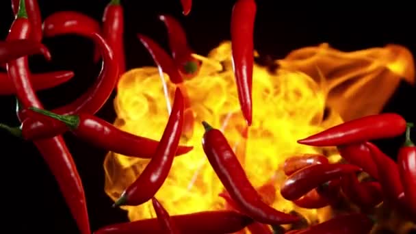 Super Zeitlupe Von Fliegenden Roten Chilischoten Feuer Mit Beschleunigtem Rampeneffekt — Stockvideo