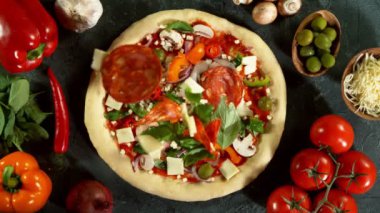 Pizza hamuru üzerine düşen mozzarella, fesleğen ve salamın süper yavaş çekimi. Yüksek hızlı sinema kamerası Phantom VEO 4K, 1000 fps.