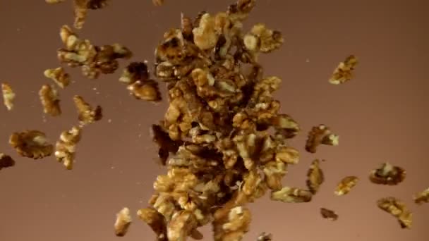 Super Slow Motion Flying Walnut Collision Filmed High Speed Cinema — Stock Video